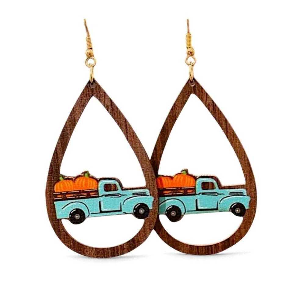 Wooden Vintage Truck with Pumpkins Rustic Teardrop Dangle Earrings